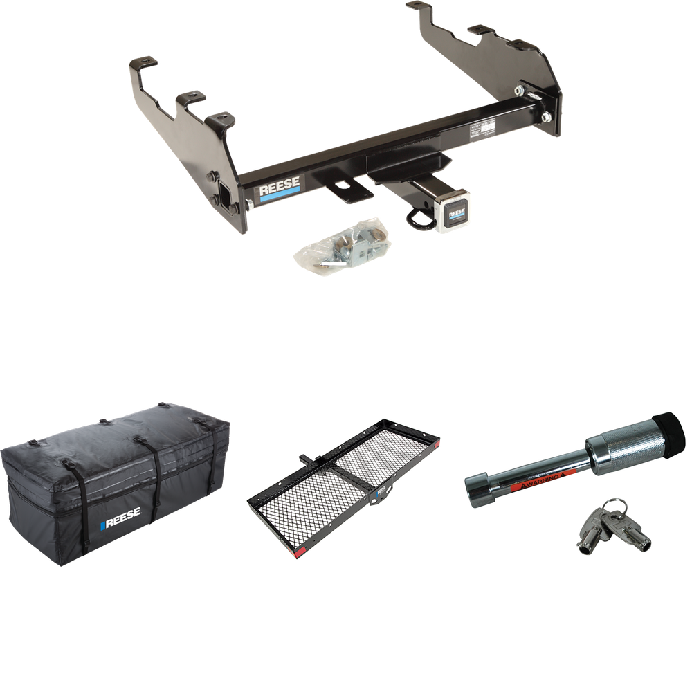 Fits 1975-1979 Ford F-150 Trailer Hitch Tow PKG w/ 48" x 20" Cargo Carrier + Cargo Bag + Hitch Lock (For w/Deep Drop Bumper Models) By Reese Towpower