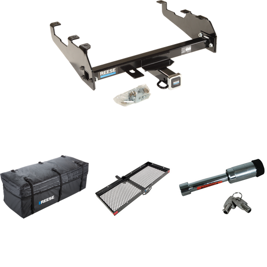 Fits 1986-1989 Dodge D100 Trailer Hitch Tow PKG w/ 48" x 20" Cargo Carrier + Cargo Bag + Hitch Lock (For w/Deep Drop Bumper Models) By Reese Towpower