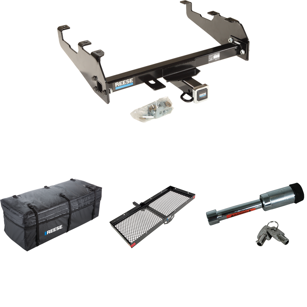 Fits 1963-1965 GMC 2500 Series Trailer Hitch Tow PKG w/ 48" x 20" Cargo Carrier + Cargo Bag + Hitch Lock (For w/Deep Drop Bumper Models) By Reese Towpower