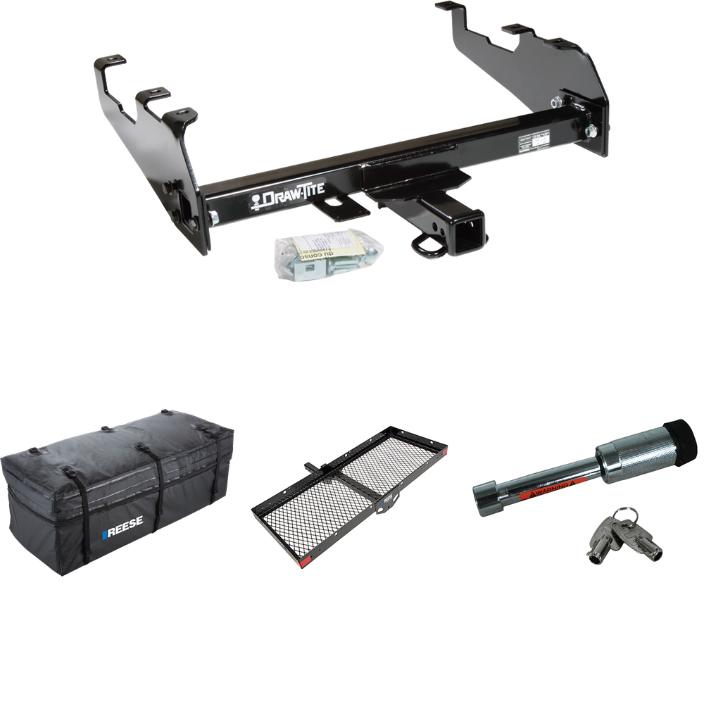 Fits 1980-1986 Ford F-250 Trailer Hitch Tow PKG w/ 48" x 20" Cargo Carrier + Cargo Bag + Hitch Lock (For w/Deep Drop Bumper, Except w/Custom Fascia Models) By Draw-Tite