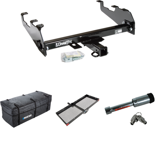 Fits 1987-1996 Ford F-150 Trailer Hitch Tow PKG w/ 48" x 20" Cargo Carrier + Cargo Bag + Hitch Lock (For w/Deep Drop Bumper Models) By Draw-Tite