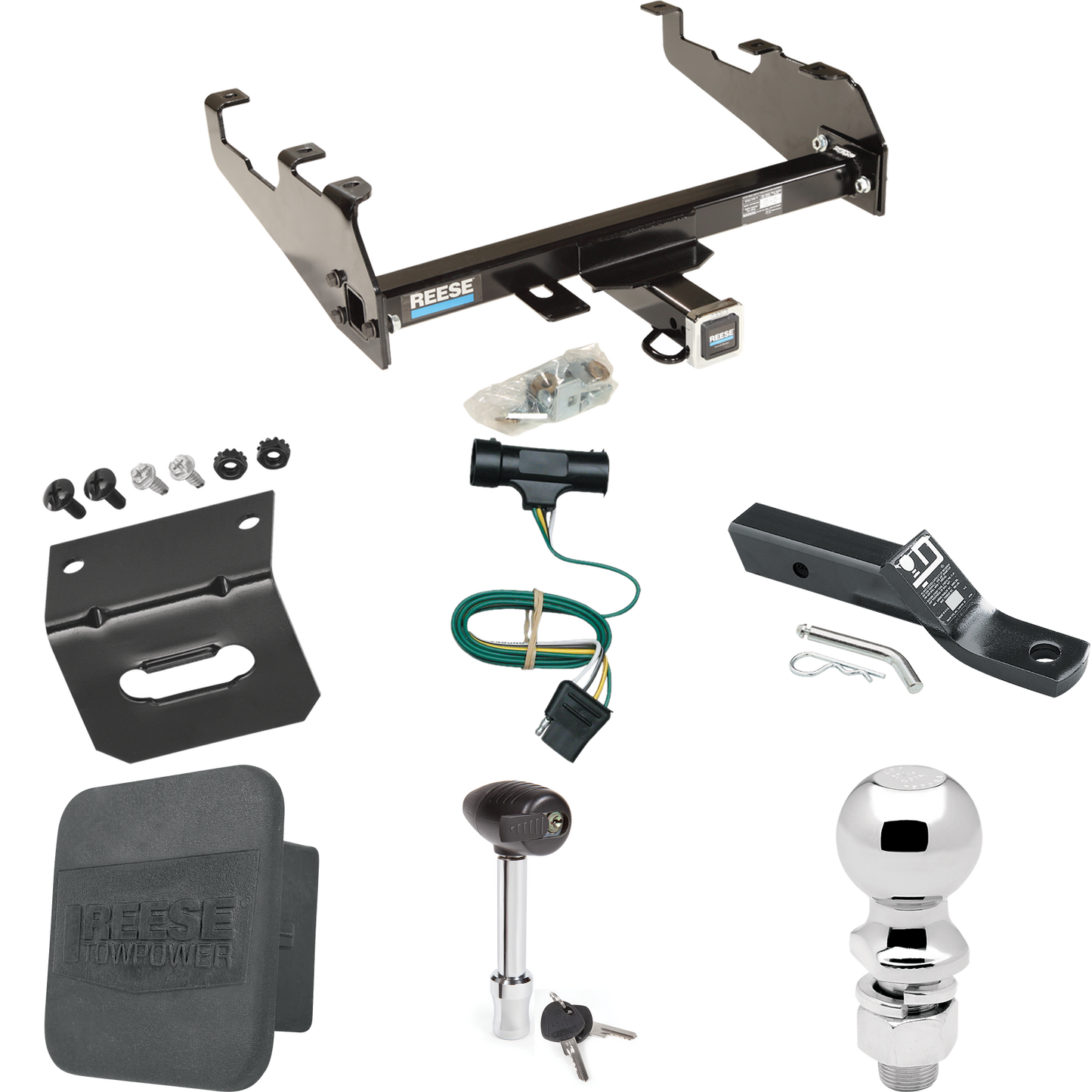 Fits 1973-1984 Chevrolet K20 Trailer Hitch Tow PKG w/ 4-Flat Wiring + Ball Mount w/ 2" Drop + 2-5/16" Ball + Wiring Bracket + Hitch Lock + Hitch Cover (For w/Deep Drop Bumper Models) By Reese Towpower