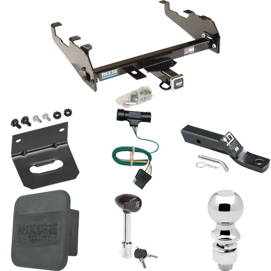 Fits 1973-1984 Chevrolet K20 Trailer Hitch Tow PKG w/ 4-Flat Wiring + Ball Mount w/ 2" Drop + 2-5/16" Ball + Wiring Bracket + Hitch Lock + Hitch Cover (For w/Deep Drop Bumper Models) By Reese Towpower