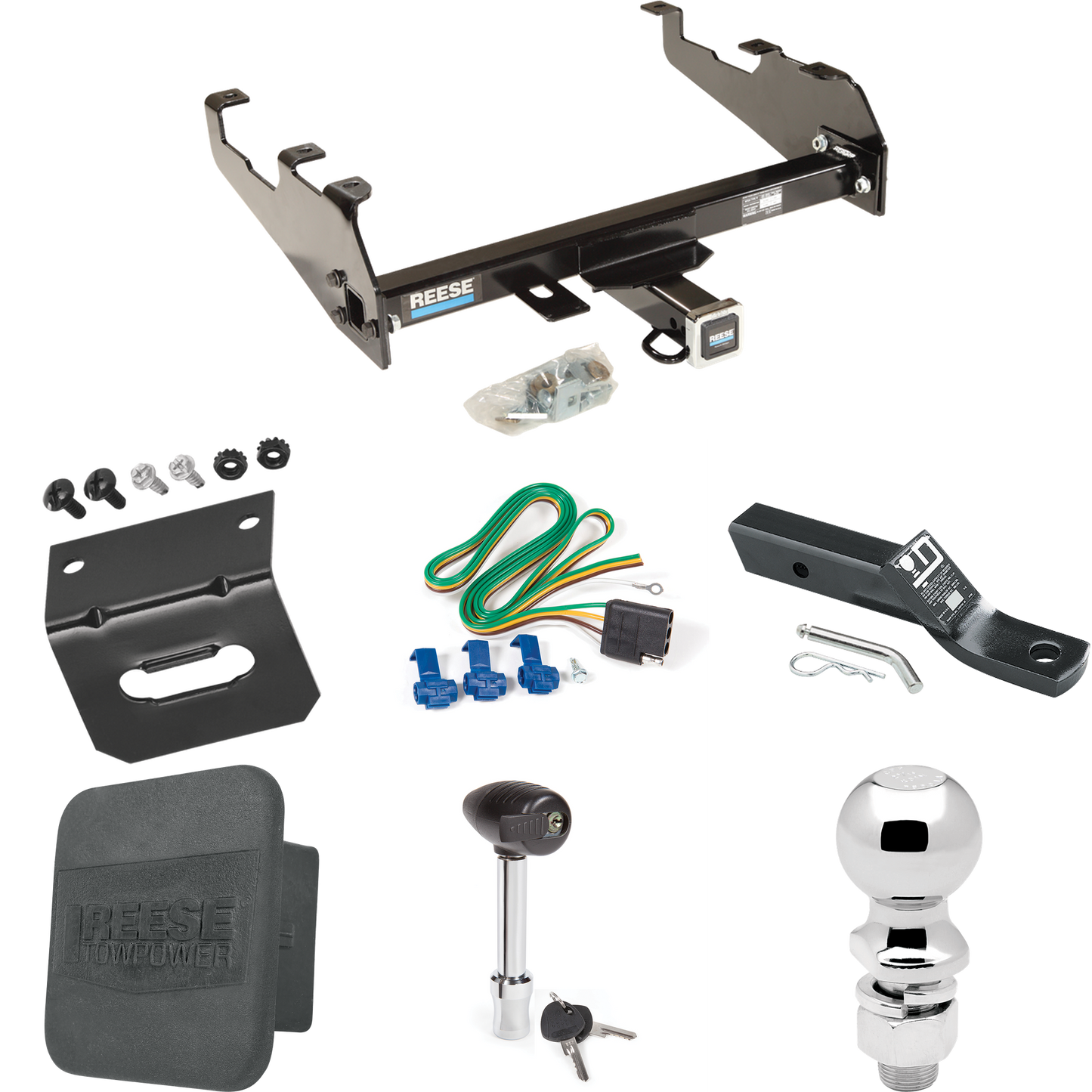 Fits 1967-1974 GMC C15 Trailer Hitch Tow PKG w/ 4-Flat Wiring + Ball Mount w/ 2" Drop + 2-5/16" Ball + Wiring Bracket + Hitch Lock + Hitch Cover (For w/Deep Drop Bumper Models) By Reese Towpower