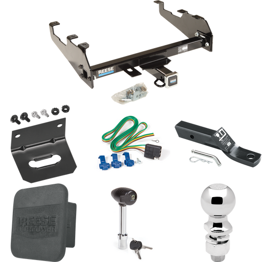 Fits 1985-1986 GMC K2500 Trailer Hitch Tow PKG w/ 4-Flat Wiring + Ball Mount w/ 2" Drop + 2-5/16" Ball + Wiring Bracket + Hitch Lock + Hitch Cover (For w/Deep Drop Bumper Models) By Reese Towpower