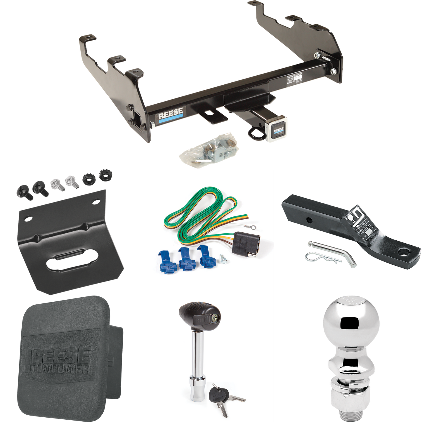 Fits 1967-1977 Dodge W100 Trailer Hitch Tow PKG w/ 4-Flat Wiring + Ball Mount w/ 2" Drop + 2-5/16" Ball + Wiring Bracket + Hitch Lock + Hitch Cover (For w/Deep Drop Bumper Models) By Reese Towpower