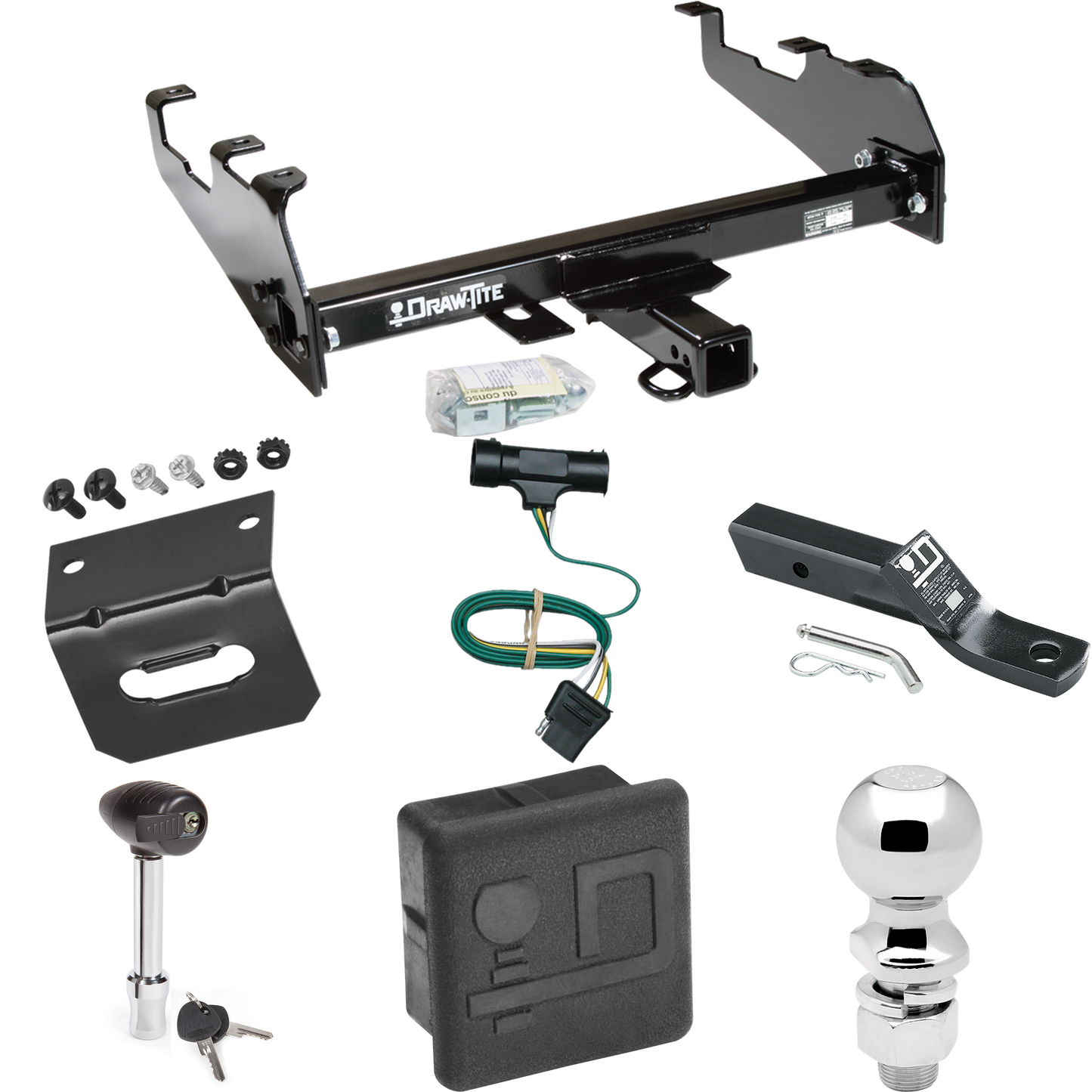 Fits 1975-1978 GMC K15 Trailer Hitch Tow PKG w/ 4-Flat Wiring + Ball Mount w/ 2" Drop + 2-5/16" Ball + Wiring Bracket + Hitch Lock + Hitch Cover (For w/Deep Drop Bumper Models) By Draw-Tite