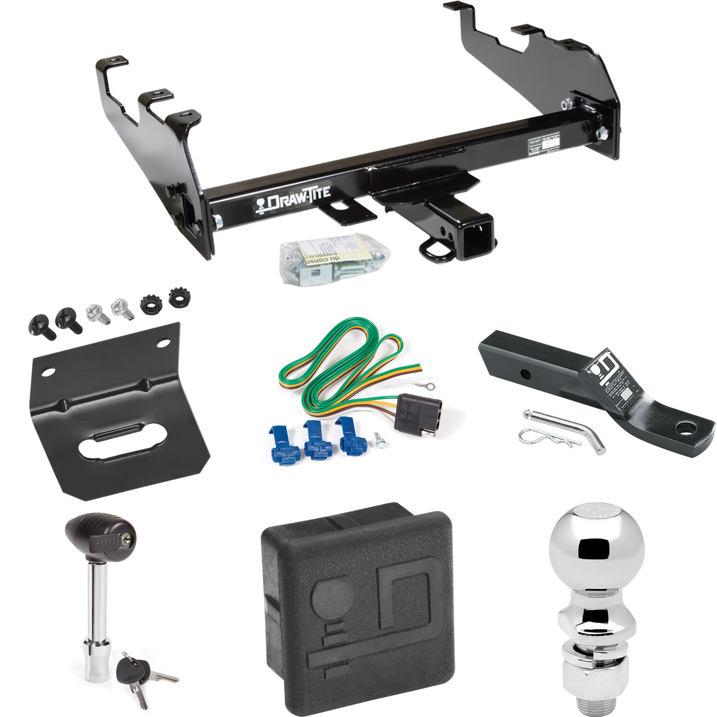 Fits 1988-1991 Chevrolet K3500 Trailer Hitch Tow PKG w/ 4-Flat Wiring + Ball Mount w/ 2" Drop + 2-5/16" Ball + Wiring Bracket + Hitch Lock + Hitch Cover (For Crew Cab, w/Deep Drop Bumper Models) By Draw-Tite