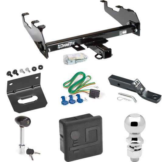 Fits 1988-1991 Chevrolet K3500 Trailer Hitch Tow PKG w/ 4-Flat Wiring + Ball Mount w/ 2" Drop + 2-5/16" Ball + Wiring Bracket + Hitch Lock + Hitch Cover (For Crew Cab, w/Deep Drop Bumper Models) By Draw-Tite