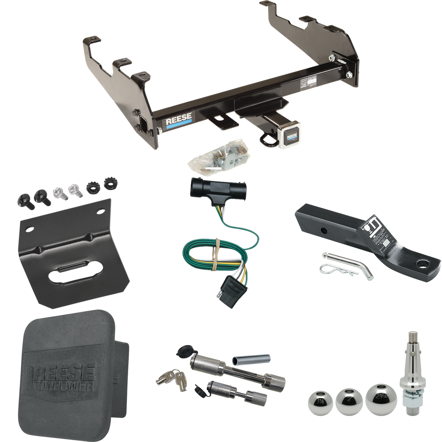 Fits 1979-1984 GMC C2500 Trailer Hitch Tow PKG w/ 4-Flat Wiring + Ball Mount w/ 2" Drop + Interchangeable Ball 1-7/8" & 2" & 2-5/16" + Wiring Bracket + Dual Hitch & Coupler Locks + Hitch Cover (For w/Deep Drop Bumper Models) By Reese Towpower