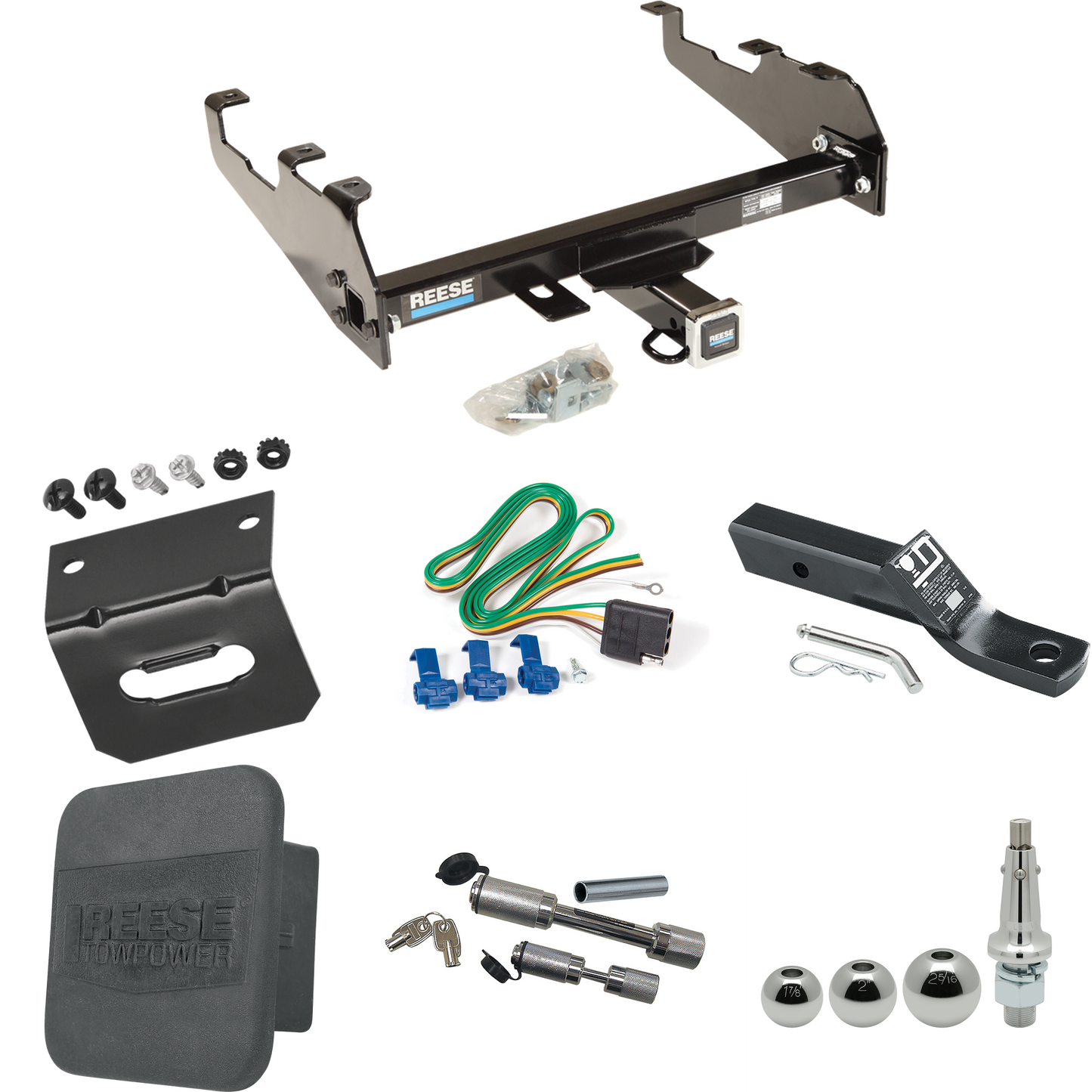 Fits 1980-1986 Ford F-350 Trailer Hitch Tow PKG w/ 4-Flat Wiring + Ball Mount w/ 2" Drop + Interchangeable Ball 1-7/8" & 2" & 2-5/16" + Wiring Bracket + Dual Hitch & Coupler Locks + Hitch Cover (For w/Deep Drop Bumper, Except w/Custom Fascia Models)