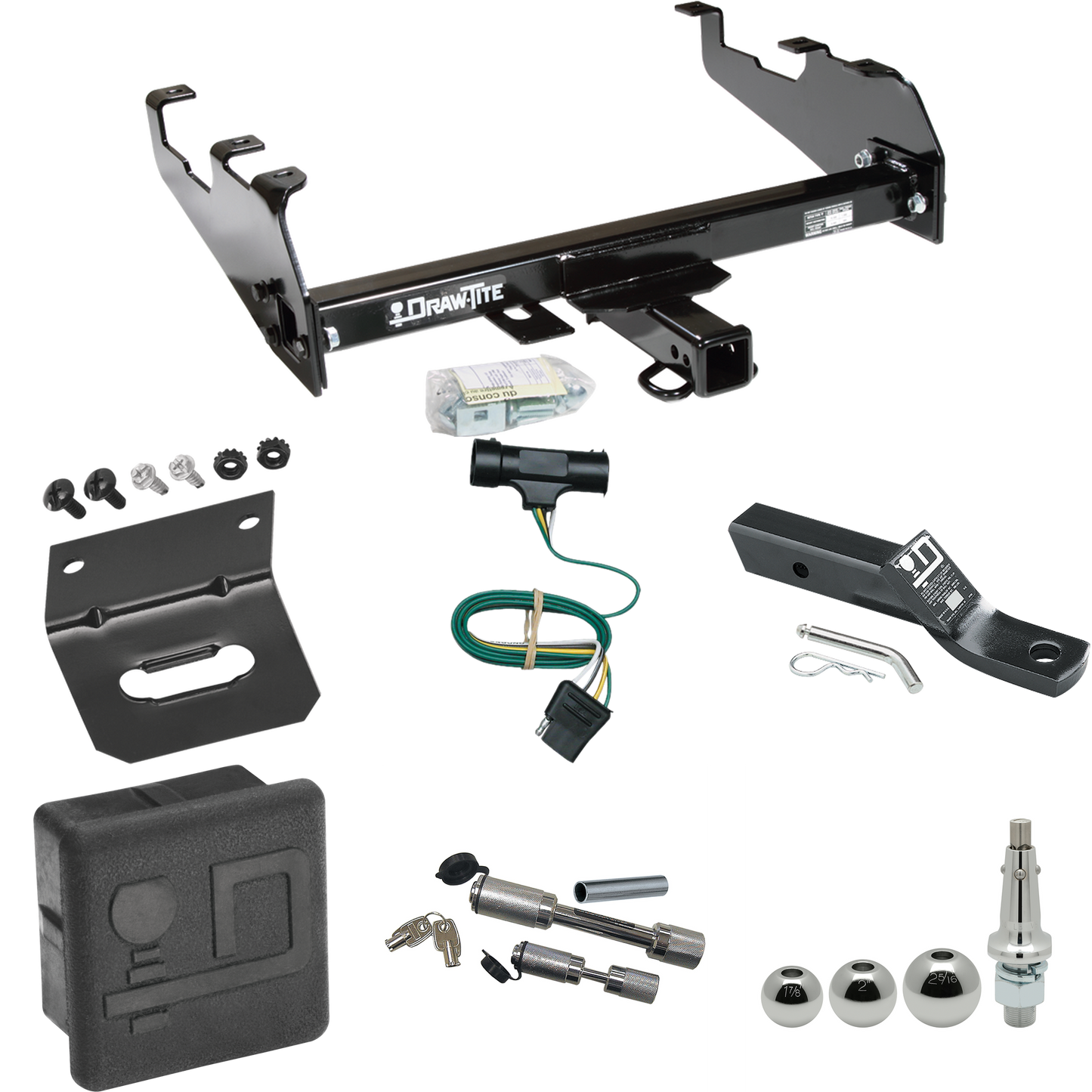 Fits 1967-1978 GMC K25 Trailer Hitch Tow PKG w/ 4-Flat Wiring + Ball Mount w/ 2" Drop + Interchangeable Ball 1-7/8" & 2" & 2-5/16" + Wiring Bracket + Dual Hitch & Coupler Locks + Hitch Cover (For w/Deep Drop Bumper Models) By Draw-Tite