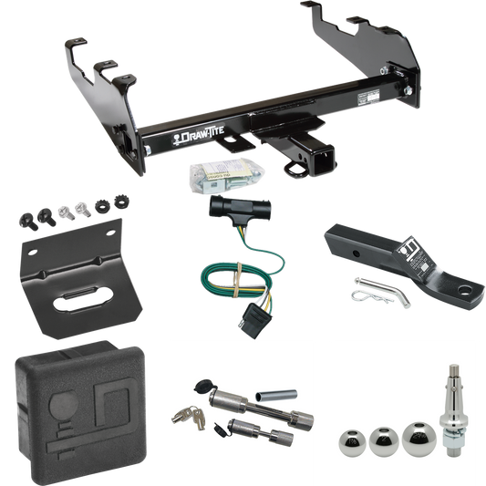 Fits 1967-1978 GMC K25 Trailer Hitch Tow PKG w/ 4-Flat Wiring + Ball Mount w/ 2" Drop + Interchangeable Ball 1-7/8" & 2" & 2-5/16" + Wiring Bracket + Dual Hitch & Coupler Locks + Hitch Cover (For w/Deep Drop Bumper Models) By Draw-Tite