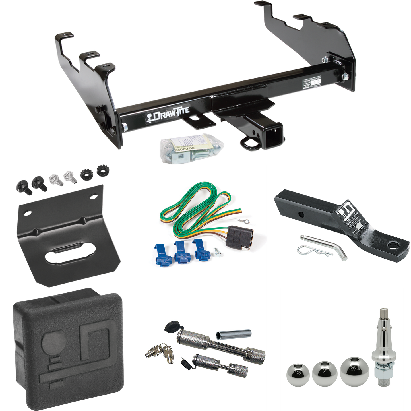 Fits 1985-1986 Chevrolet K10 Trailer Hitch Tow PKG w/ 4-Flat Wiring + Ball Mount w/ 2" Drop + Interchangeable Ball 1-7/8" & 2" & 2-5/16" + Wiring Bracket + Dual Hitch & Coupler Locks + Hitch Cover (For w/Deep Drop Bumper Models) By Draw-Tite