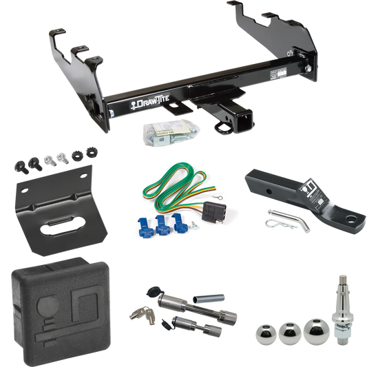 Fits 1985-1986 Chevrolet K10 Trailer Hitch Tow PKG w/ 4-Flat Wiring + Ball Mount w/ 2" Drop + Interchangeable Ball 1-7/8" & 2" & 2-5/16" + Wiring Bracket + Dual Hitch & Coupler Locks + Hitch Cover (For w/Deep Drop Bumper Models) By Draw-Tite