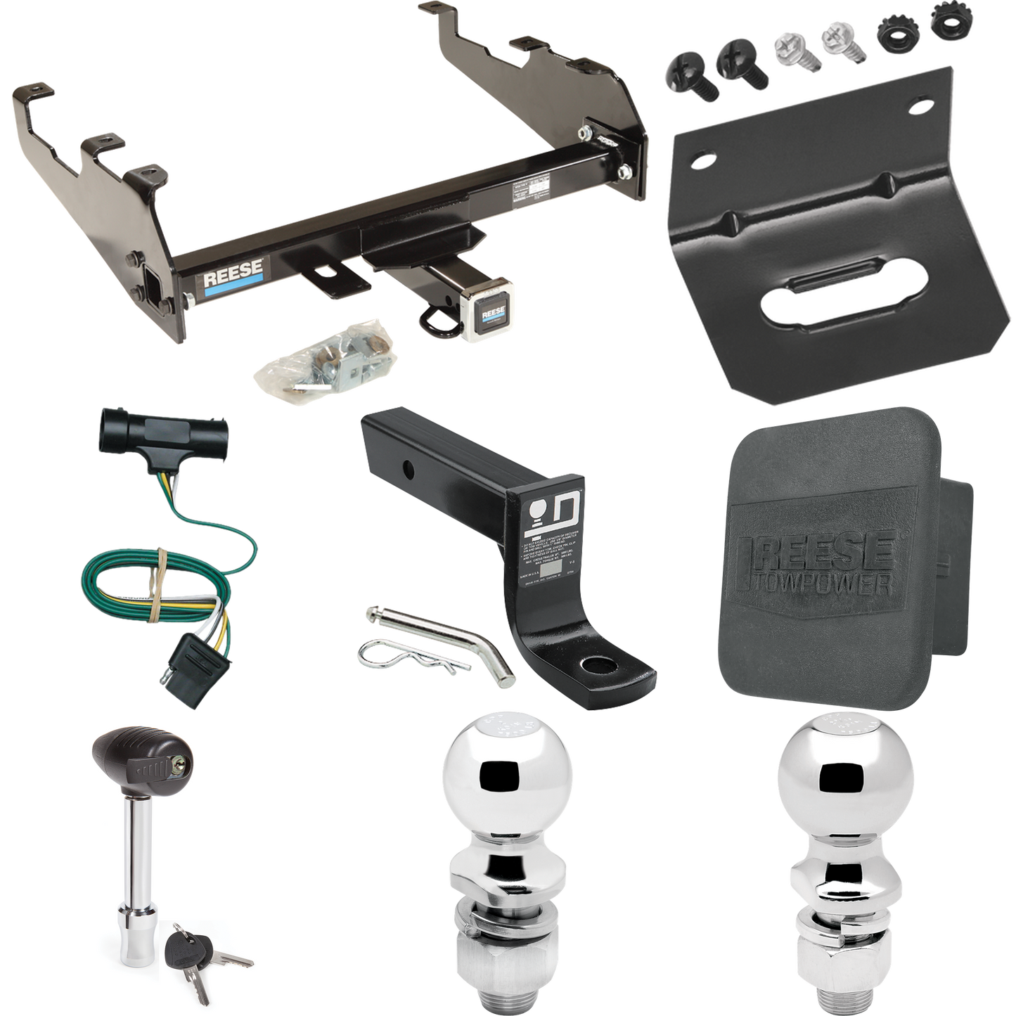 Fits 1975-1978 GMC K15 Trailer Hitch Tow PKG w/ 4-Flat Wiring + Ball Mount w/ 4" Drop + 2" Ball + 2-5/16" Ball + Wiring Bracket + Hitch Lock + Hitch Cover (For w/Deep Drop Bumper Models) By Reese Towpower