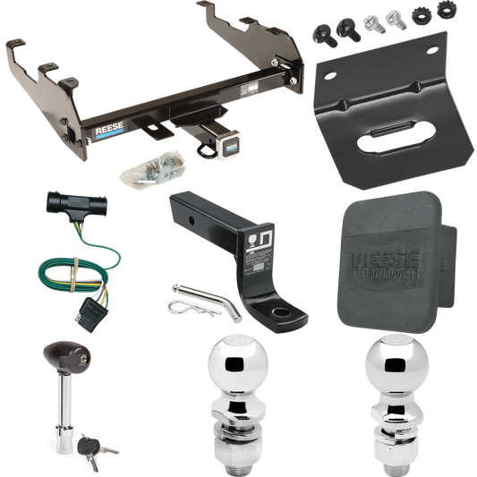 Fits 1975-1978 GMC K15 Trailer Hitch Tow PKG w/ 4-Flat Wiring + Ball Mount w/ 4" Drop + 2" Ball + 2-5/16" Ball + Wiring Bracket + Hitch Lock + Hitch Cover (For w/Deep Drop Bumper Models) By Reese Towpower