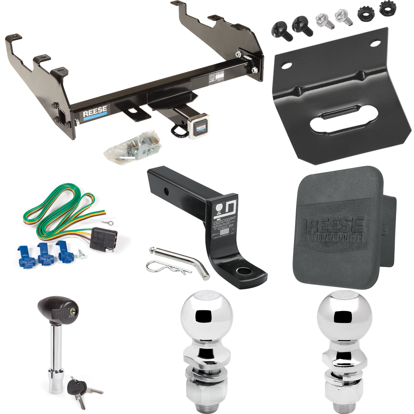 Fits 1985-1986 GMC C1500 Trailer Hitch Tow PKG w/ 4-Flat Wiring + Ball Mount w/ 4" Drop + 2" Ball + 2-5/16" Ball + Wiring Bracket + Hitch Lock + Hitch Cover (For w/Deep Drop Bumper Models) By Reese Towpower