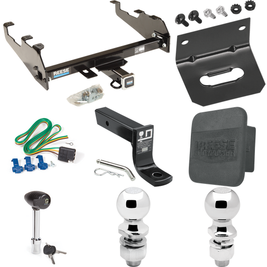 Fits 1985-1986 GMC C1500 Trailer Hitch Tow PKG w/ 4-Flat Wiring + Ball Mount w/ 4" Drop + 2" Ball + 2-5/16" Ball + Wiring Bracket + Hitch Lock + Hitch Cover (For w/Deep Drop Bumper Models) By Reese Towpower