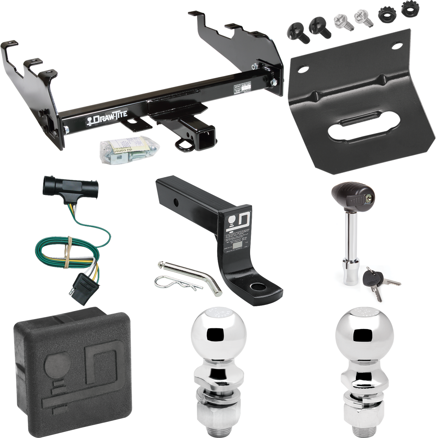 Fits 1967-1978 GMC C35 Trailer Hitch Tow PKG w/ 4-Flat Wiring + Ball Mount w/ 4" Drop + 2" Ball + 2-5/16" Ball + Wiring Bracket + Hitch Lock + Hitch Cover (For w/Deep Drop Bumper Models) By Draw-Tite