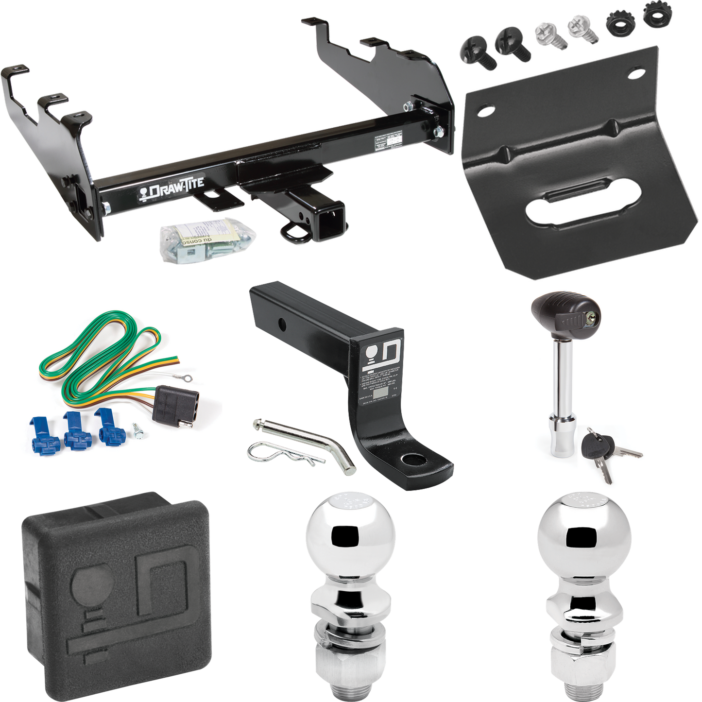 Fits 1988-1991 Chevrolet C2500 Trailer Hitch Tow PKG w/ 4-Flat Wiring + Ball Mount w/ 4" Drop + 2" Ball + 2-5/16" Ball + Wiring Bracket + Hitch Lock + Hitch Cover (For Crew Cab, w/Deep Drop Bumper Models) By Draw-Tite