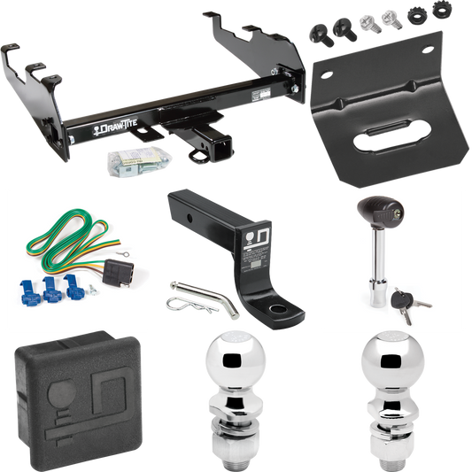 Fits 1988-1991 Chevrolet C2500 Trailer Hitch Tow PKG w/ 4-Flat Wiring + Ball Mount w/ 4" Drop + 2" Ball + 2-5/16" Ball + Wiring Bracket + Hitch Lock + Hitch Cover (For Crew Cab, w/Deep Drop Bumper Models) By Draw-Tite