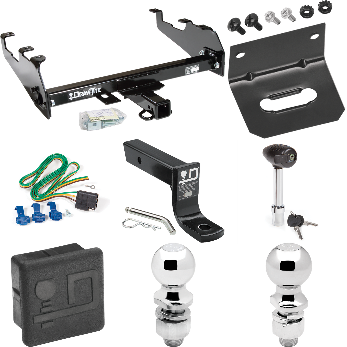 Fits 1967-1977 Dodge W100 Trailer Hitch Tow PKG w/ 4-Flat Wiring + Ball Mount w/ 4" Drop + 2" Ball + 2-5/16" Ball + Wiring Bracket + Hitch Lock + Hitch Cover (For w/Deep Drop Bumper Models) By Draw-Tite
