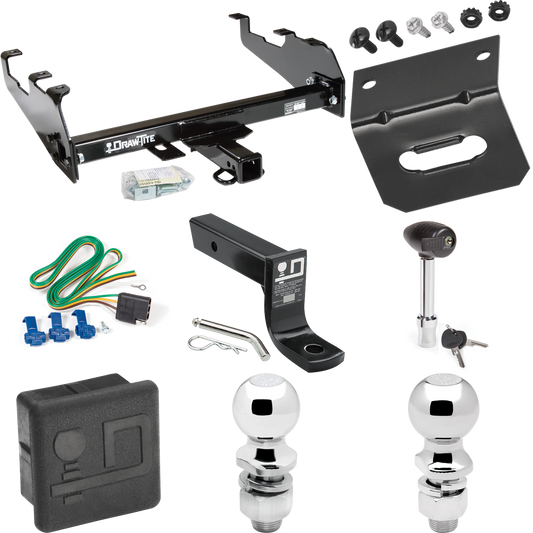 Fits 1967-1977 Dodge W100 Trailer Hitch Tow PKG w/ 4-Flat Wiring + Ball Mount w/ 4" Drop + 2" Ball + 2-5/16" Ball + Wiring Bracket + Hitch Lock + Hitch Cover (For w/Deep Drop Bumper Models) By Draw-Tite
