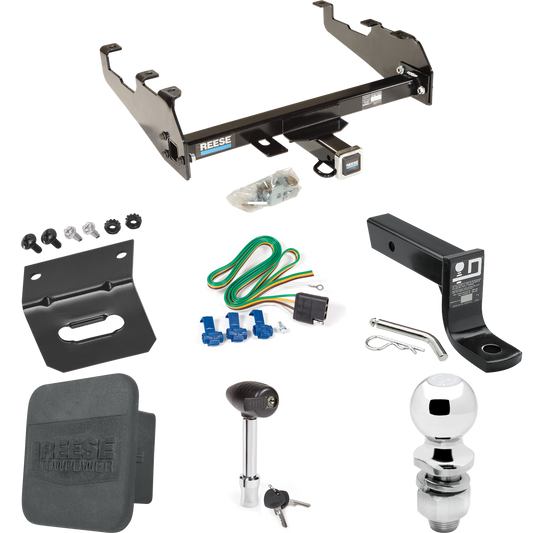 Fits 1963-1965 GMC 1000 Series Trailer Hitch Tow PKG w/ 4-Flat Wiring + Ball Mount w/ 4" Drop + 2" Ball + Wiring Bracket + Hitch Lock + Hitch Cover (For w/Deep Drop Bumper Models) By Reese Towpower