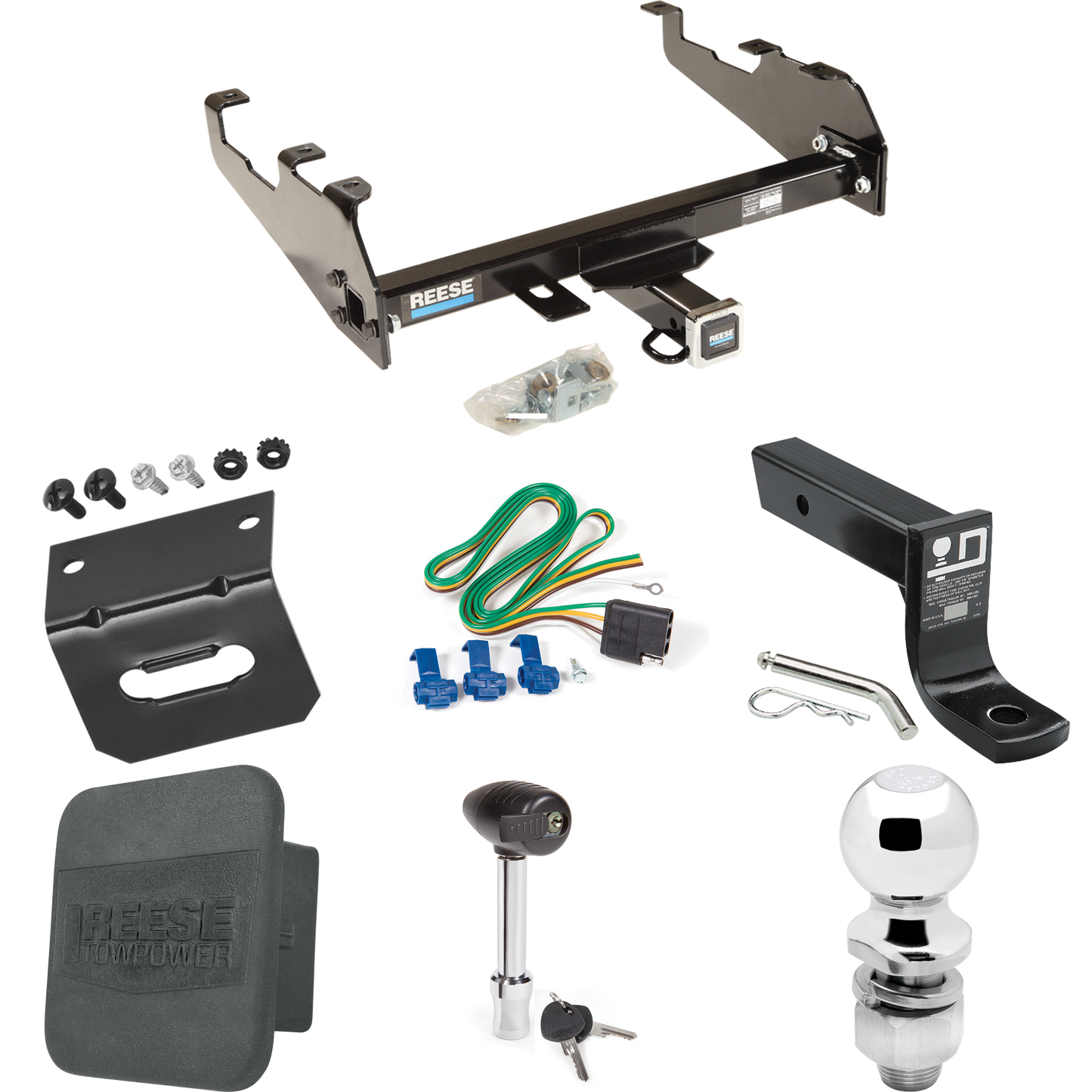 Fits 1994-1994 Dodge Ram 2500 Trailer Hitch Tow PKG w/ 4-Flat Wiring + Ball Mount w/ 4" Drop + 2" Ball + Wiring Bracket + Hitch Lock + Hitch Cover (For w/Deep Drop Bumper Models) By Reese Towpower