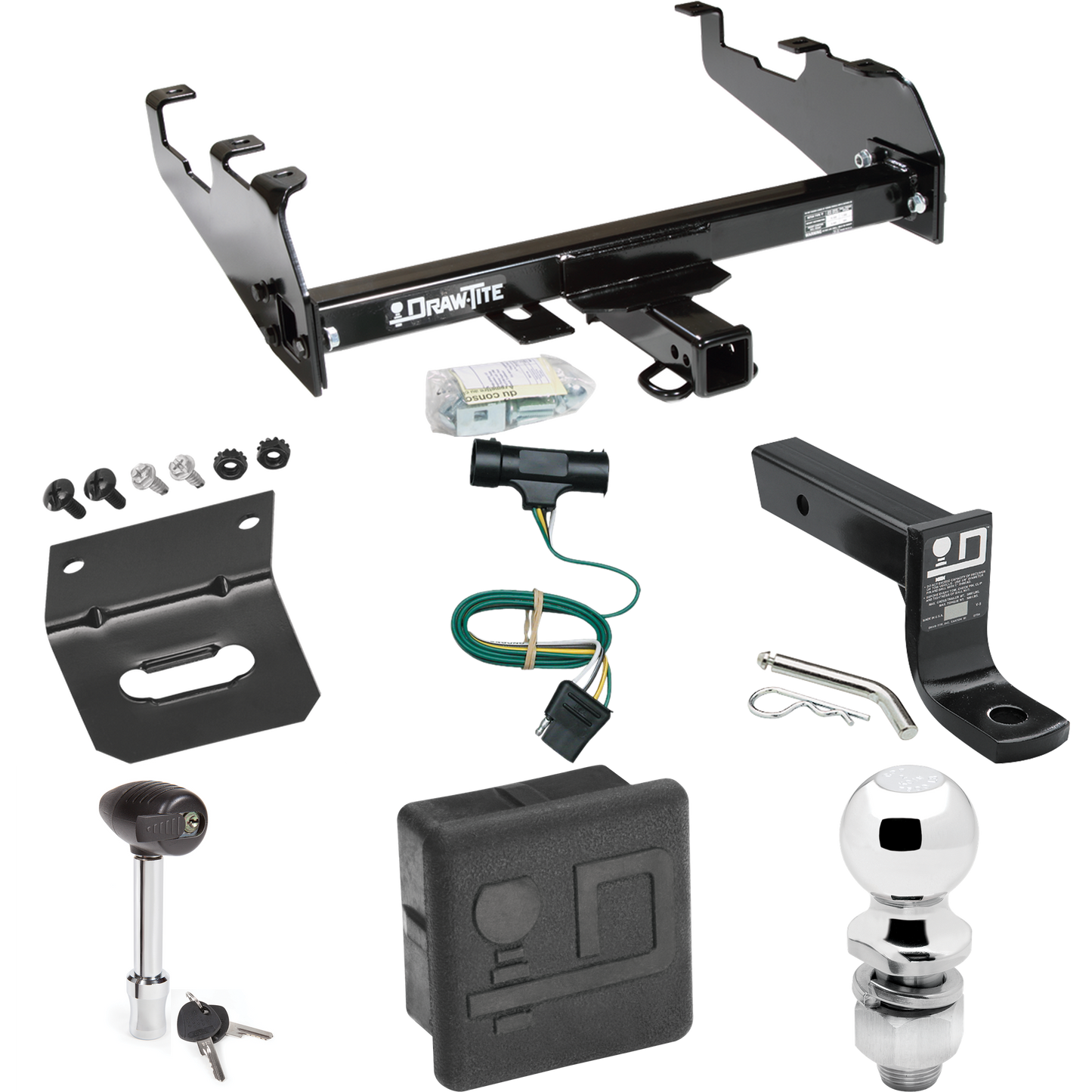 Fits 1979-1984 GMC K2500 Trailer Hitch Tow PKG w/ 4-Flat Wiring + Ball Mount w/ 4" Drop + 2" Ball + Wiring Bracket + Hitch Lock + Hitch Cover (For w/Deep Drop Bumper Models) By Draw-Tite