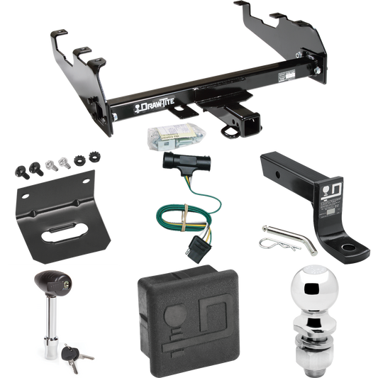 Fits 1979-1984 GMC K2500 Trailer Hitch Tow PKG w/ 4-Flat Wiring + Ball Mount w/ 4" Drop + 2" Ball + Wiring Bracket + Hitch Lock + Hitch Cover (For w/Deep Drop Bumper Models) By Draw-Tite