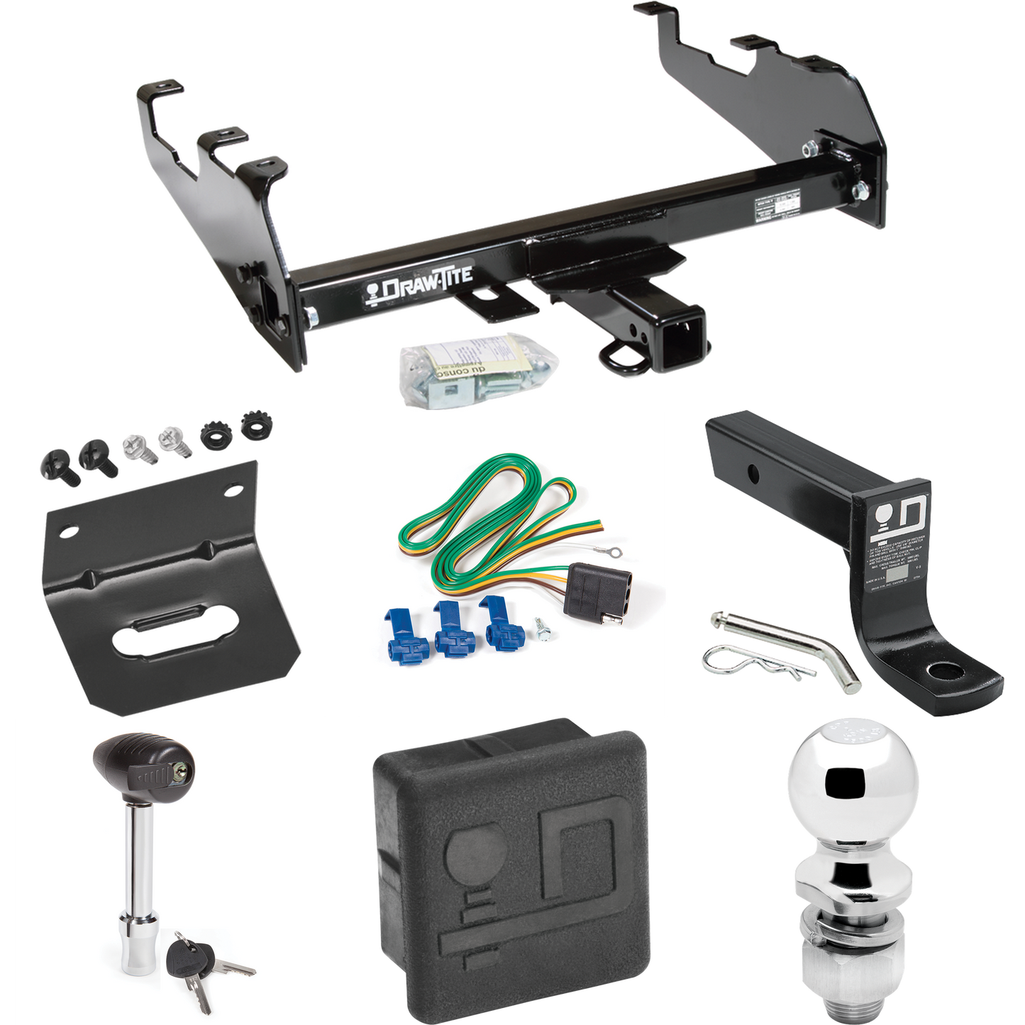 Fits 1963-1966 GMC 3500 Trailer Hitch Tow PKG w/ 4-Flat Wiring + Ball Mount w/ 4" Drop + 2" Ball + Wiring Bracket + Hitch Lock + Hitch Cover (For w/Deep Drop Bumper Models) By Draw-Tite