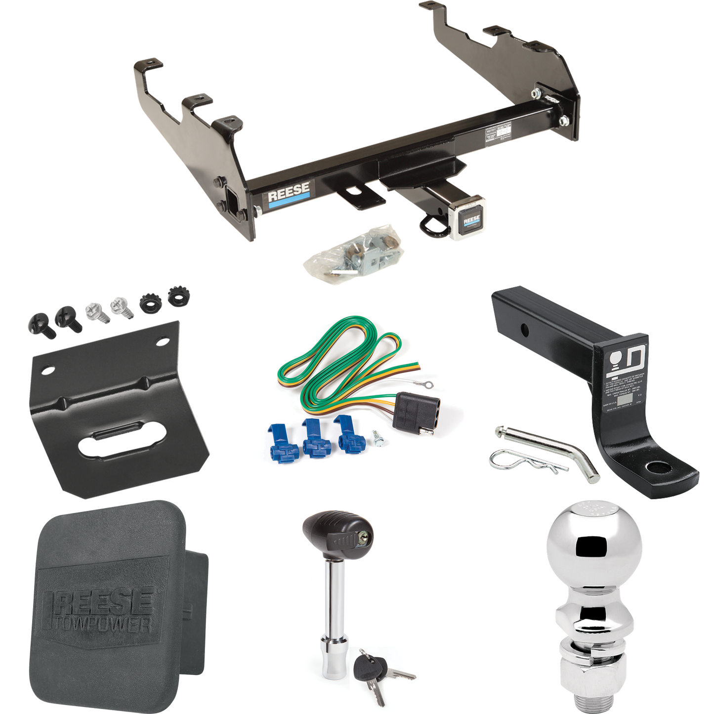 Fits 1980-1983 Ford F-100 Trailer Hitch Tow PKG w/ 4-Flat Wiring + Ball Mount w/ 4" Drop + 2-5/16" Ball + Wiring Bracket + Hitch Lock + Hitch Cover (For w/Deep Drop Bumper, Except w/Custom Fascia Models) By Reese Towpower