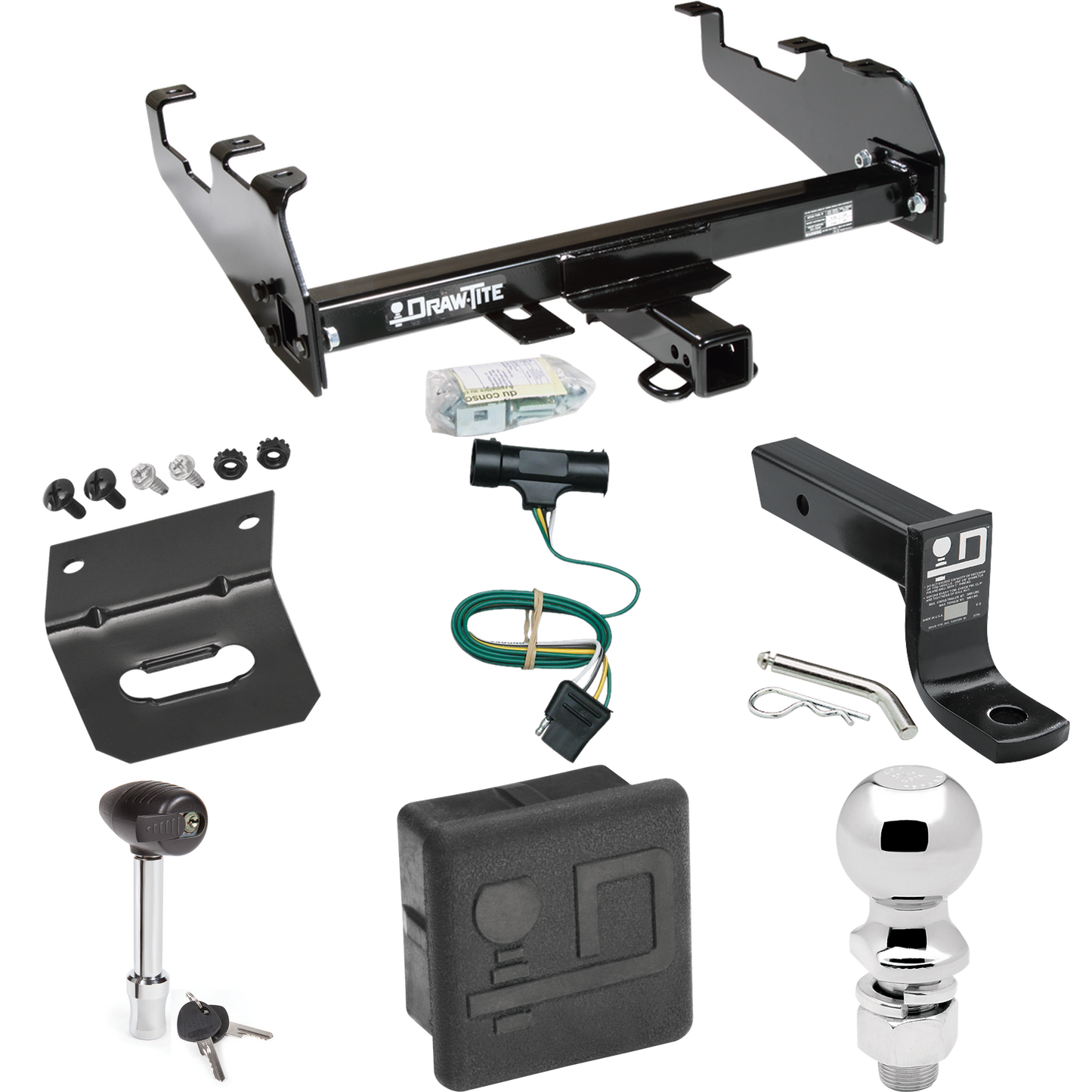 Fits 1967-1974 GMC K35 Trailer Hitch Tow PKG w/ 4-Flat Wiring + Ball Mount w/ 4" Drop + 2-5/16" Ball + Wiring Bracket + Hitch Lock + Hitch Cover (For w/Deep Drop Bumper Models) By Draw-Tite