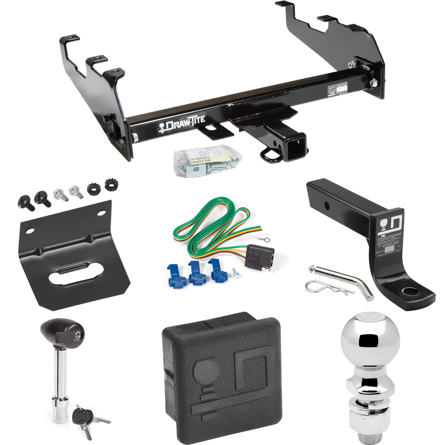 Fits 1988-1991 Chevrolet C2500 Trailer Hitch Tow PKG w/ 4-Flat Wiring + Ball Mount w/ 4" Drop + 2-5/16" Ball + Wiring Bracket + Hitch Lock + Hitch Cover (For Crew Cab, w/Deep Drop Bumper Models) By Draw-Tite