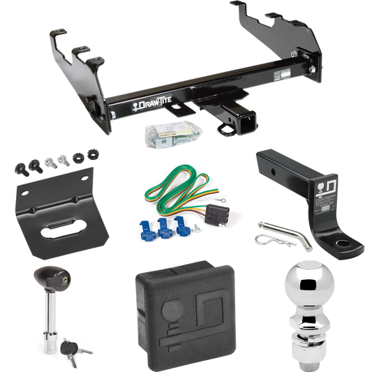 Fits 1988-1991 Chevrolet C2500 Trailer Hitch Tow PKG w/ 4-Flat Wiring + Ball Mount w/ 4" Drop + 2-5/16" Ball + Wiring Bracket + Hitch Lock + Hitch Cover (For Crew Cab, w/Deep Drop Bumper Models) By Draw-Tite