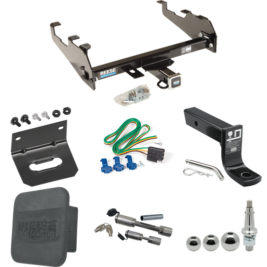Fits 1963-1965 GMC 1000 Series Trailer Hitch Tow PKG w/ 4-Flat Wiring + Ball Mount w/ 4" Drop + Interchangeable Ball 1-7/8" & 2" & 2-5/16" + Wiring Bracket + Dual Hitch & Coupler Locks + Hitch Cover (For w/Deep Drop Bumper Models) By Reese Towpower