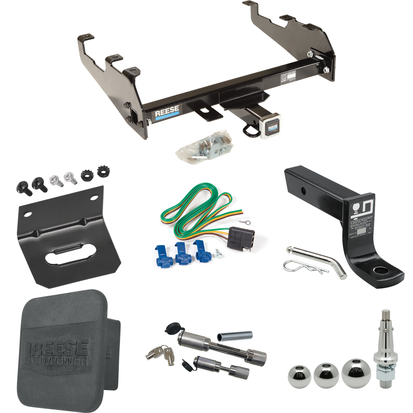 Fits 1985-1986 GMC K2500 Trailer Hitch Tow PKG w/ 4-Flat Wiring + Ball Mount w/ 4" Drop + Interchangeable Ball 1-7/8" & 2" & 2-5/16" + Wiring Bracket + Dual Hitch & Coupler Locks + Hitch Cover (For w/Deep Drop Bumper Models) By Reese Towpower