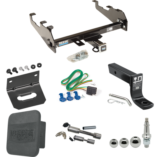 Fits 1985-1986 GMC K2500 Trailer Hitch Tow PKG w/ 4-Flat Wiring + Ball Mount w/ 4" Drop + Interchangeable Ball 1-7/8" & 2" & 2-5/16" + Wiring Bracket + Dual Hitch & Coupler Locks + Hitch Cover (For w/Deep Drop Bumper Models) By Reese Towpower