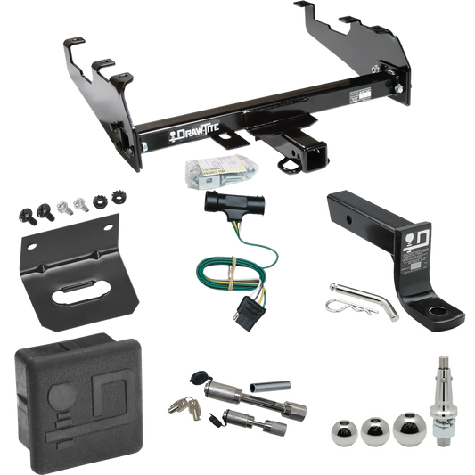 Fits 1967-1978 GMC K25 Trailer Hitch Tow PKG w/ 4-Flat Wiring + Ball Mount w/ 4" Drop + Interchangeable Ball 1-7/8" & 2" & 2-5/16" + Wiring Bracket + Dual Hitch & Coupler Locks + Hitch Cover (For w/Deep Drop Bumper Models) By Draw-Tite