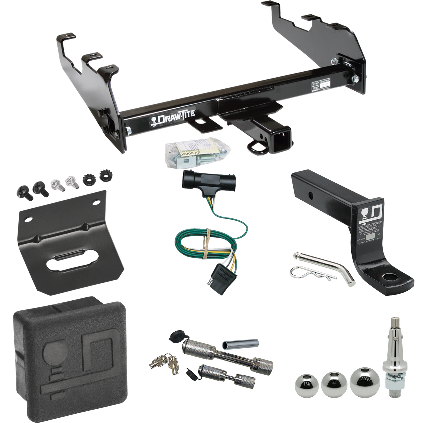 Fits 1973-1974 Chevrolet K30 Trailer Hitch Tow PKG w/ 4-Flat Wiring + Ball Mount w/ 4" Drop + Interchangeable Ball 1-7/8" & 2" & 2-5/16" + Wiring Bracket + Dual Hitch & Coupler Locks + Hitch Cover (For w/Deep Drop Bumper Models) By Draw-Tite