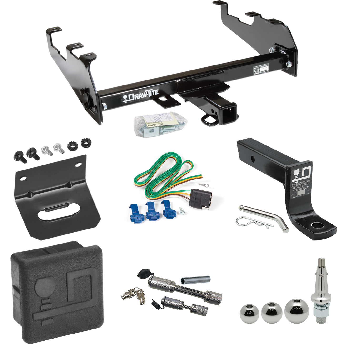 Fits 1963-1966 GMC 3000 Trailer Hitch Tow PKG w/ 4-Flat Wiring + Ball Mount w/ 4" Drop + Interchangeable Ball 1-7/8" & 2" & 2-5/16" + Wiring Bracket + Dual Hitch & Coupler Locks + Hitch Cover (For w/Deep Drop Bumper Models) By Draw-Tite