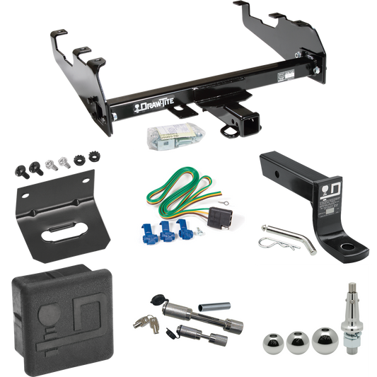 Fits 1986-1989 Dodge W100 Trailer Hitch Tow PKG w/ 4-Flat Wiring + Ball Mount w/ 4" Drop + Interchangeable Ball 1-7/8" & 2" & 2-5/16" + Wiring Bracket + Dual Hitch & Coupler Locks + Hitch Cover (For w/Deep Drop Bumper Models) By Draw-Tite