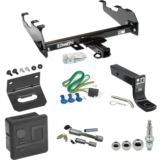 Fits 1963-1979 Ford F-100 Trailer Hitch Tow PKG w/ 4-Flat Wiring + Ball Mount w/ 4" Drop + Interchangeable Ball 1-7/8" & 2" & 2-5/16" + Wiring Bracket + Dual Hitch & Coupler Locks + Hitch Cover (For w/Deep Drop Bumper Models) By Draw-Tite