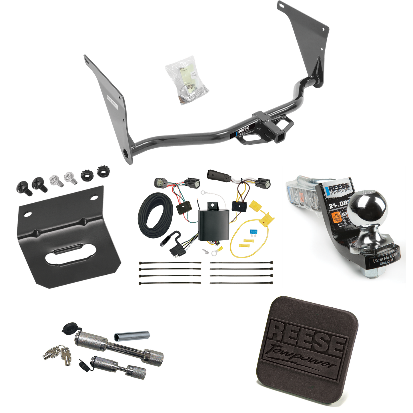 Fits 2017-2018 Ford Escape Trailer Hitch Tow PKG w/ 4-Flat Wiring Harness + Interlock Starter Kit w/ 2" Ball 2-1/2" Drop 2" Rise + Wiring Bracket + Hitch Cover + Dual Hitch & Coupler Locks By Reese Towpower