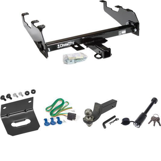 Fits 1985-1986 Chevrolet K10 Trailer Hitch Tow PKG w/ 4-Flat Wiring + Interlock Tactical Starter Kit w/ 2" Drop & 2" Ball + Tactical Dogbone Lock + Wiring Bracket (For w/Deep Drop Bumper Models) By Draw-Tite