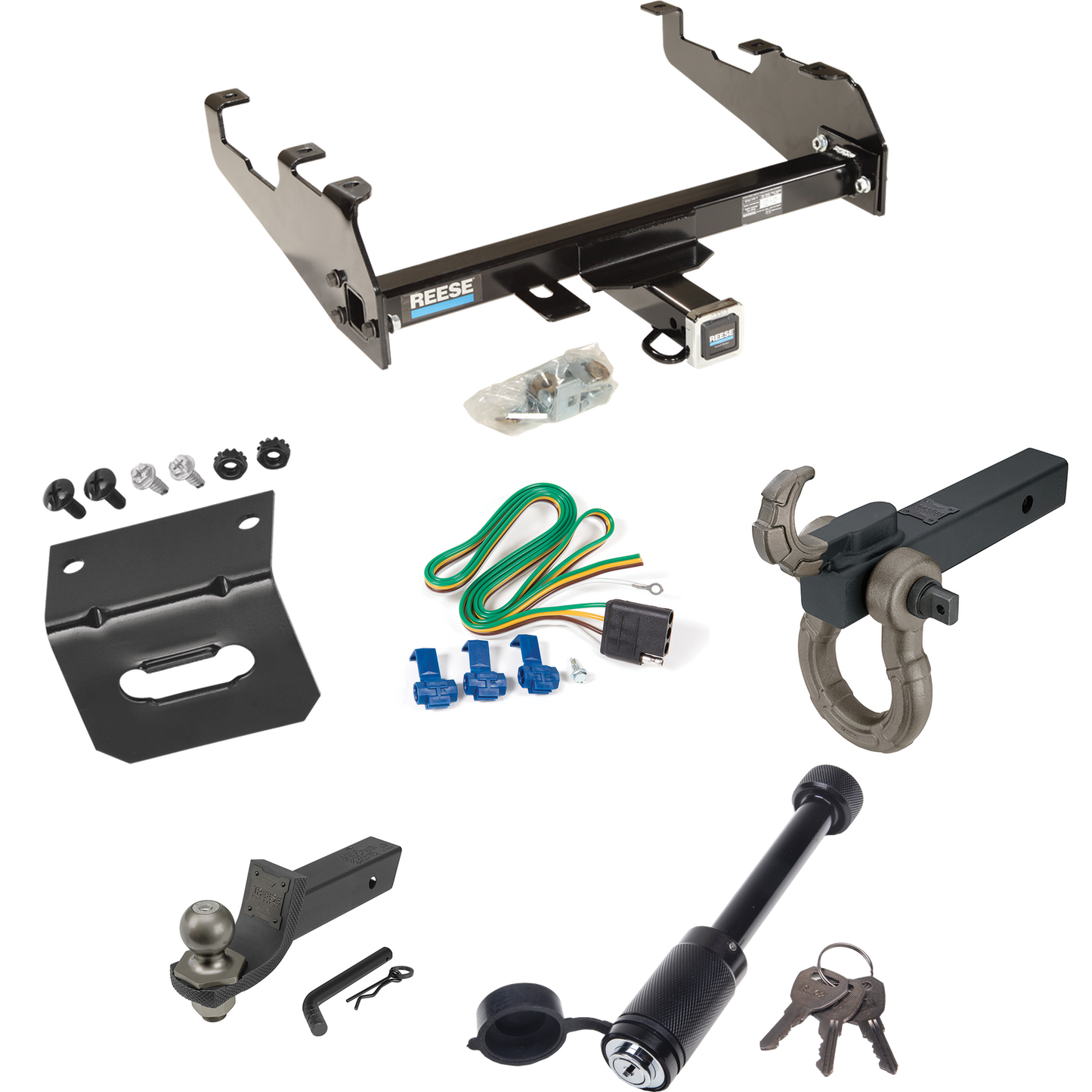 Fits 1977-1993 Dodge D150 Trailer Hitch Tow PKG w/ 4-Flat Wiring + Interlock Tactical Starter Kit w/ 2" Drop & 2" Ball + Tactical Hook & Shackle Mount + Tactical Dogbone Lock + Wiring Bracket (For w/Deep Drop Bumper Models) By Reese Towpower