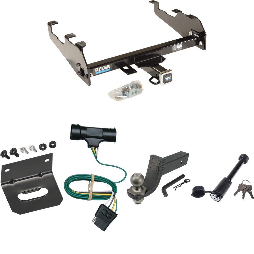 Fits 1973-1984 Chevrolet C20 Trailer Hitch Tow PKG w/ 4-Flat Wiring + Interlock Tactical Starter Kit w/ 3-1/4" Drop & 2" Ball + Tactical Dogbone Lock + Wiring Bracket (For w/Deep Drop Bumper Models) By Reese Towpower