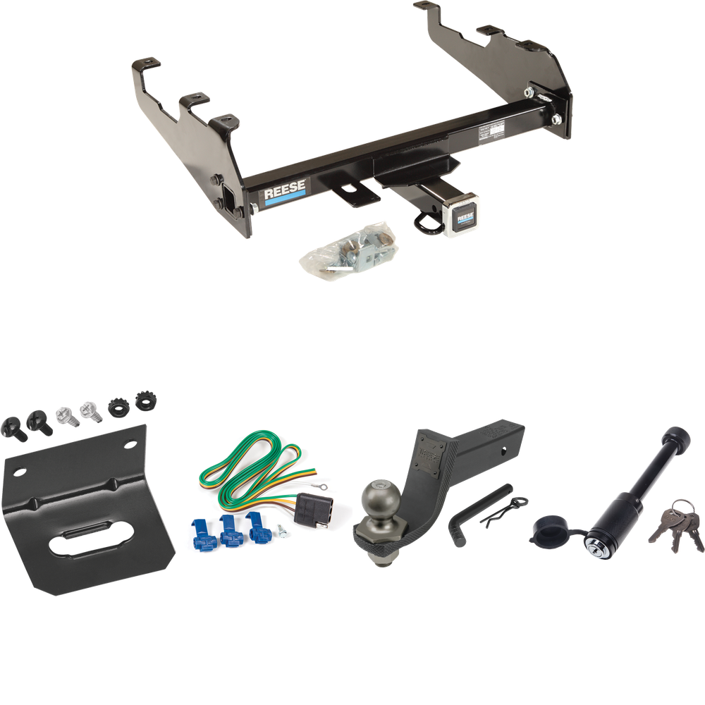 Fits 1963-1979 Ford F-100 Trailer Hitch Tow PKG w/ 4-Flat Wiring + Interlock Tactical Starter Kit w/ 3-1/4" Drop & 2" Ball + Tactical Dogbone Lock + Wiring Bracket (For w/Deep Drop Bumper Models) By Reese Towpower
